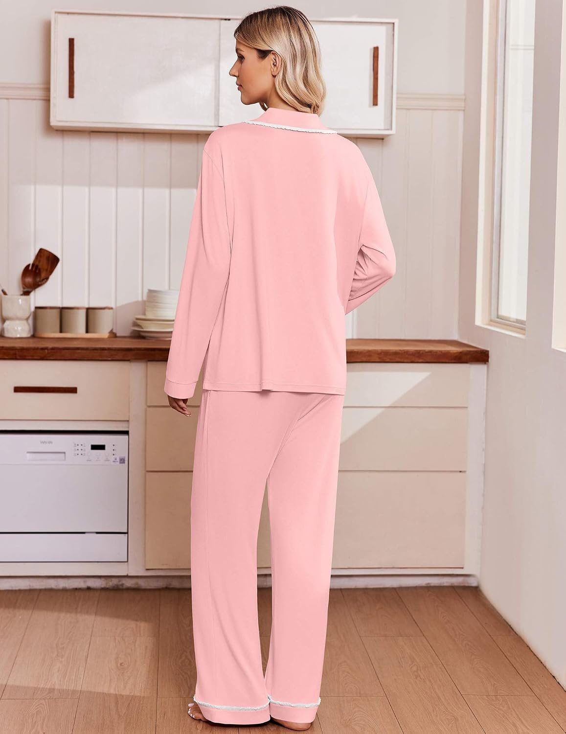 image:imageEkouaer Womens Pajama Sets 2 Piece Button down Pjs Long Sleeve Lounge SetsLight Pink