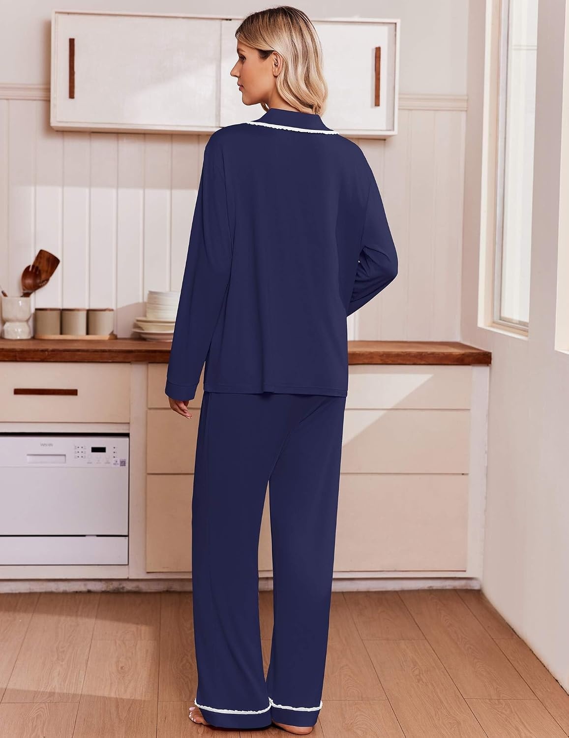 image:imageEkouaer Womens Pajama Sets 2 Piece Button down Pjs Long Sleeve Lounge SetsNavy Blue