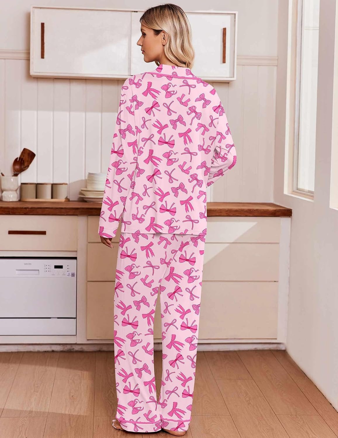 image:imageEkouaer Womens Pajama Sets 2 Piece Button down Pjs Long Sleeve Lounge SetsPink Bow
