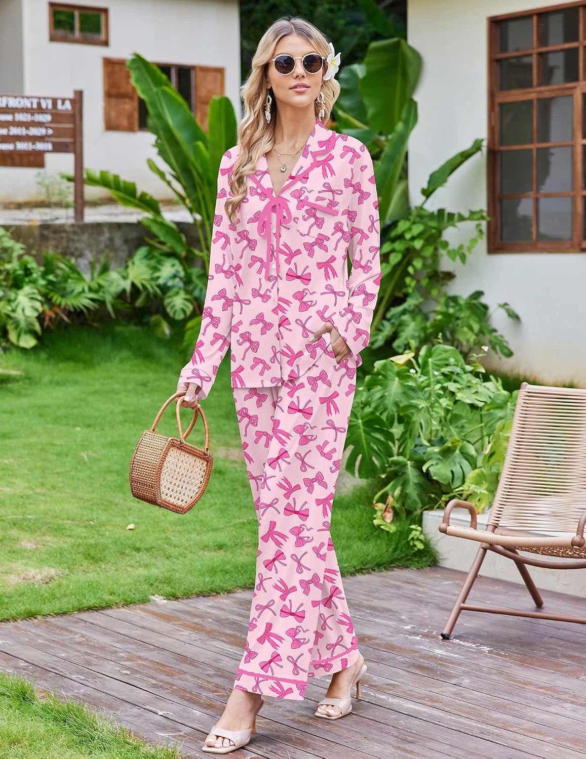 image:imageEkouaer Womens Pajama Sets 2 Piece Button down Pjs Long Sleeve Lounge SetsPink Bow