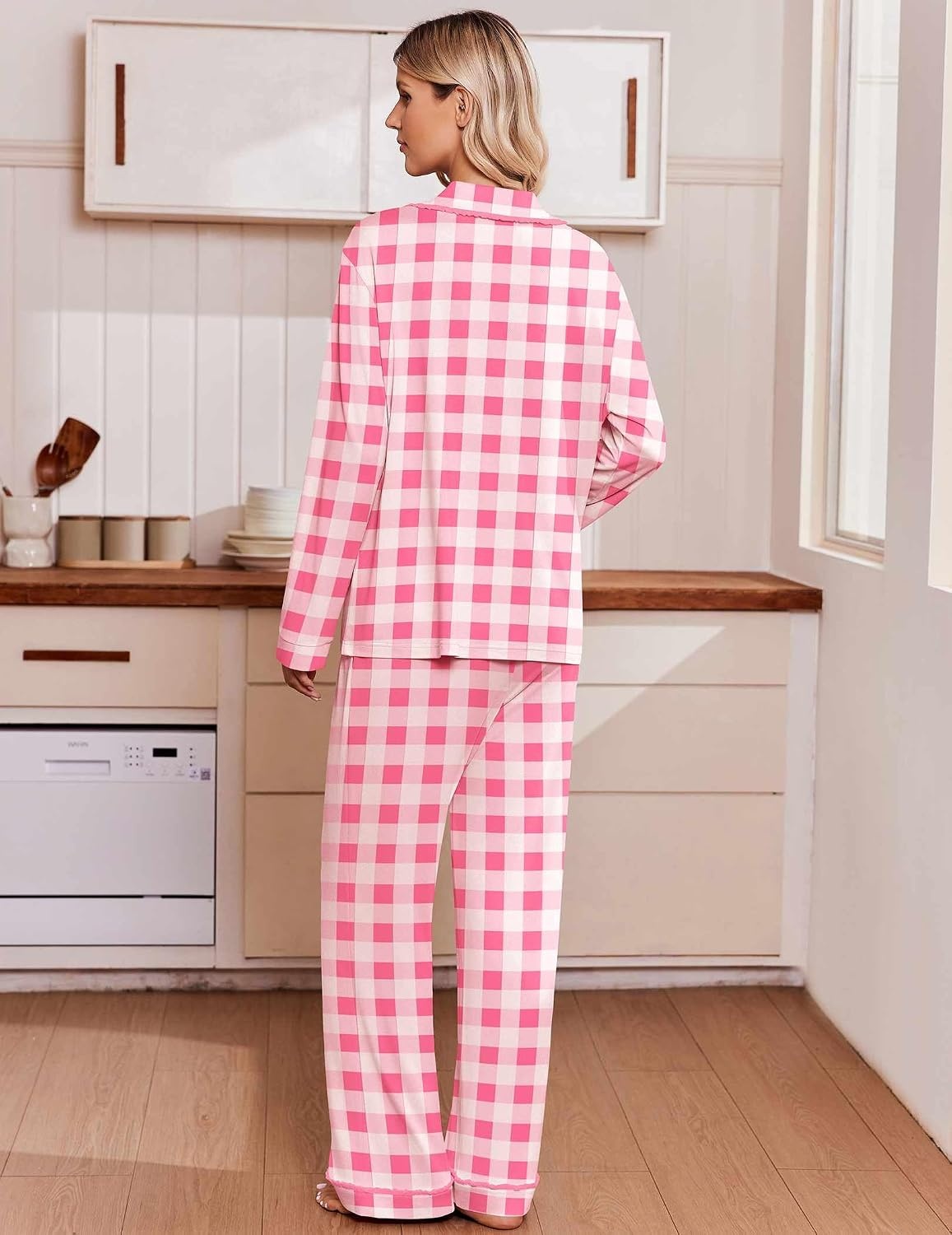 image:imageEkouaer Womens Pajama Sets 2 Piece Button down Pjs Long Sleeve Lounge SetsPink Plaid