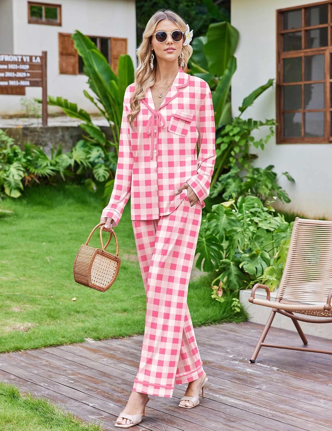 image:imageEkouaer Womens Pajama Sets 2 Piece Button down Pjs Long Sleeve Lounge SetsPink Plaid