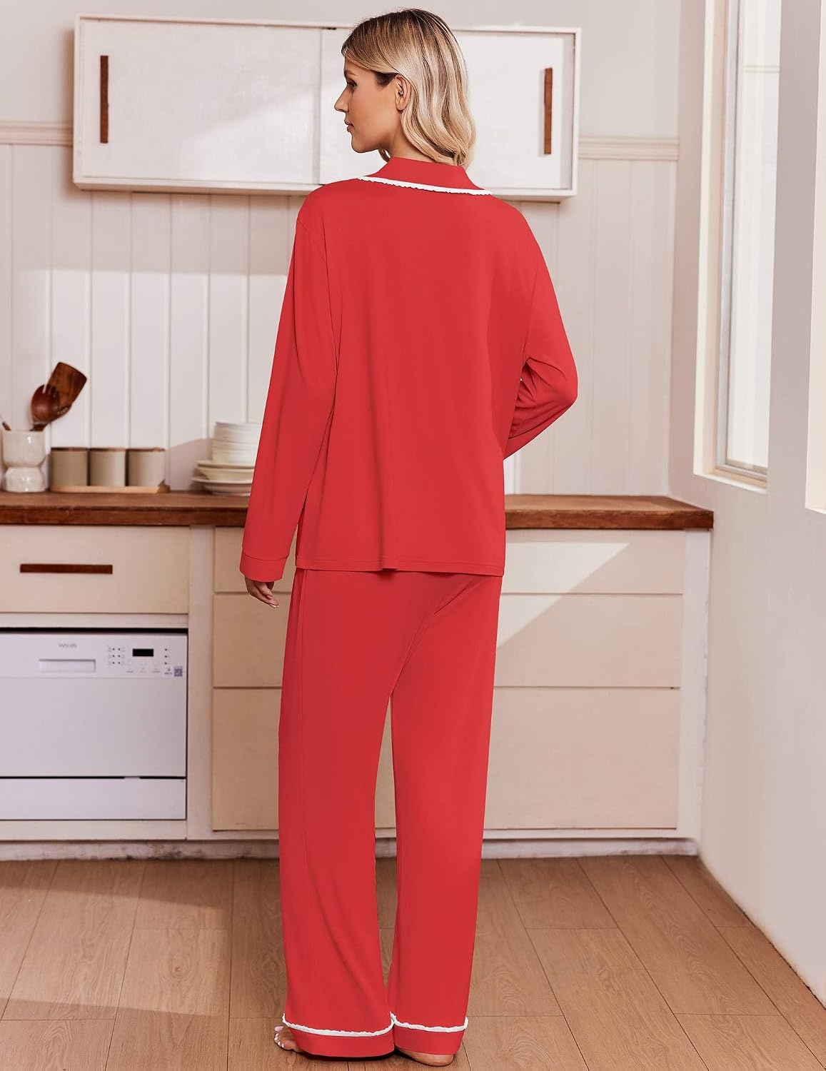 image:imageEkouaer Womens Pajama Sets 2 Piece Button down Pjs Long Sleeve Lounge SetsRed