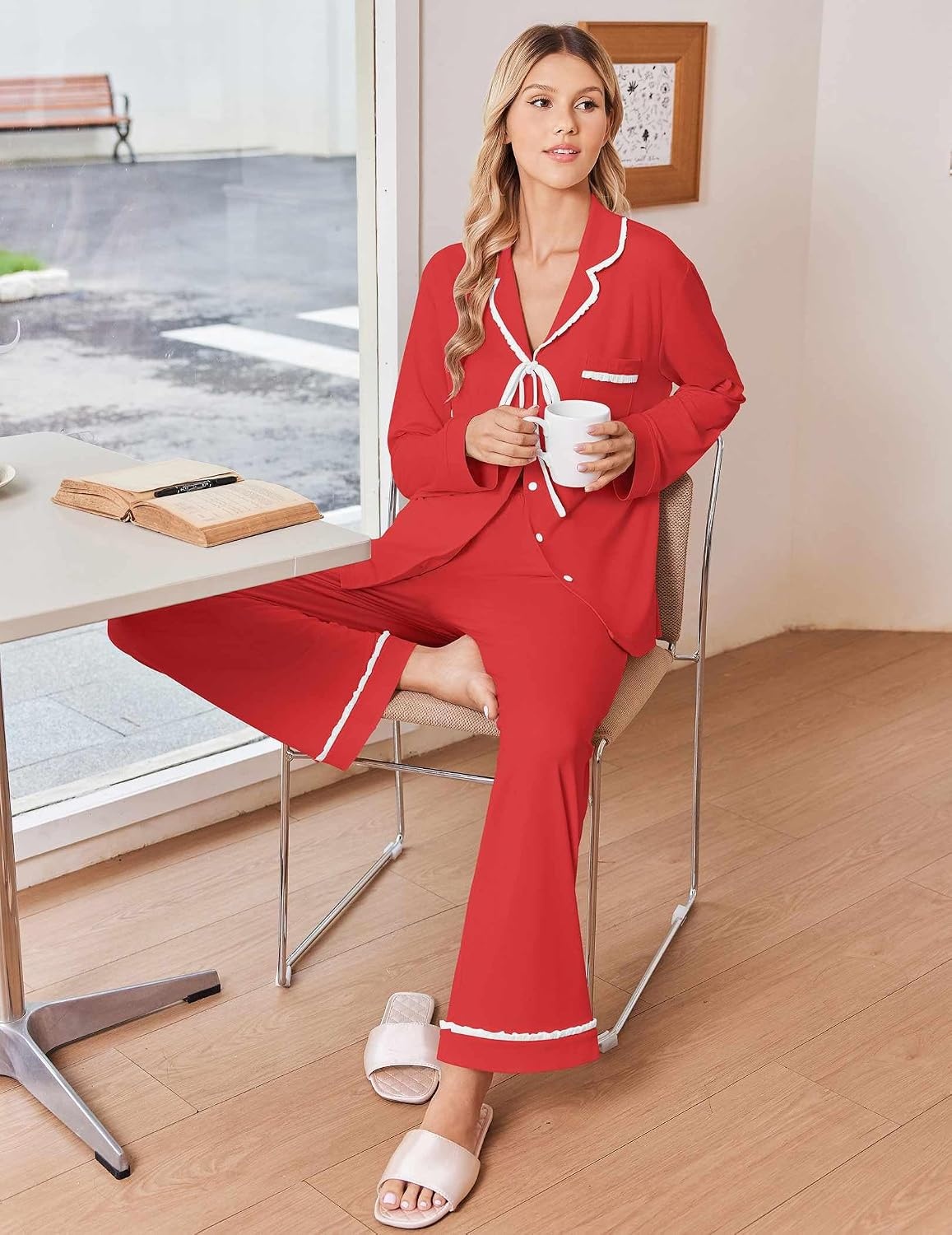 image:imageEkouaer Womens Pajama Sets 2 Piece Button down Pjs Long Sleeve Lounge SetsRed