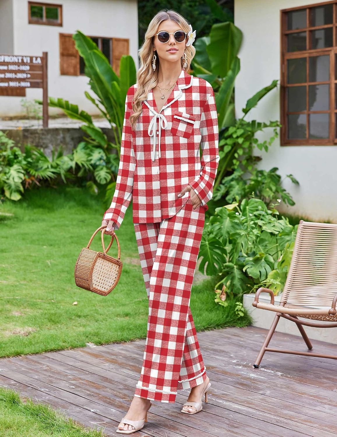 image:imageEkouaer Womens Pajama Sets 2 Piece Button down Pjs Long Sleeve Lounge SetsRed Plaid
