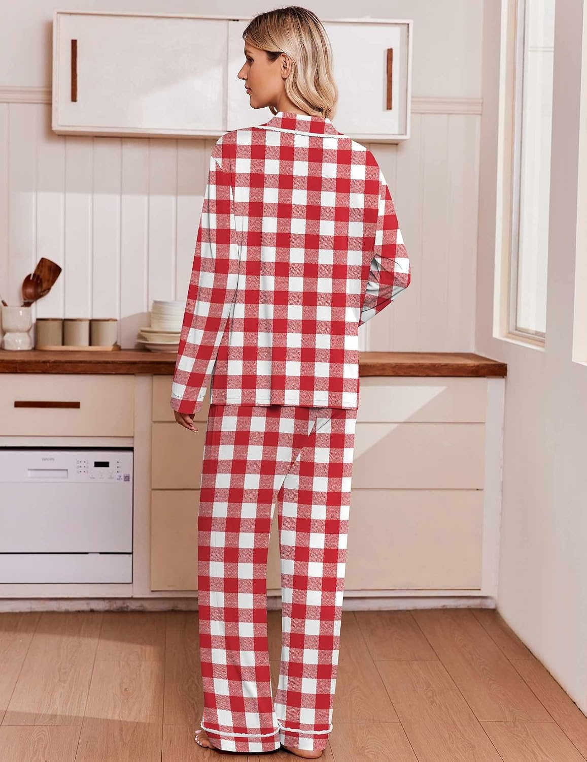 image:imageEkouaer Womens Pajama Sets 2 Piece Button down Pjs Long Sleeve Lounge SetsRed Plaid