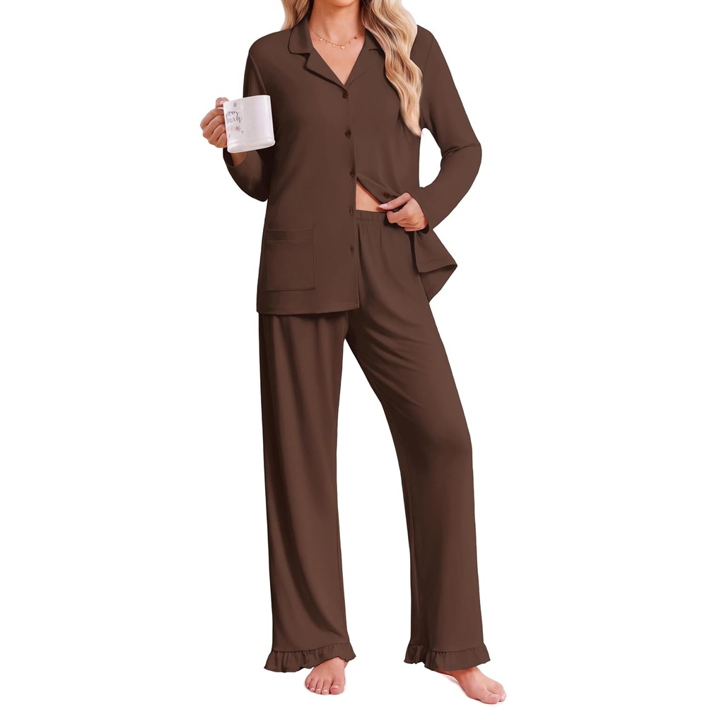 image:imageEkouaer Pajamas for Women Set Button Up Pj Soft Long Sleeve Lounge SetsBrown