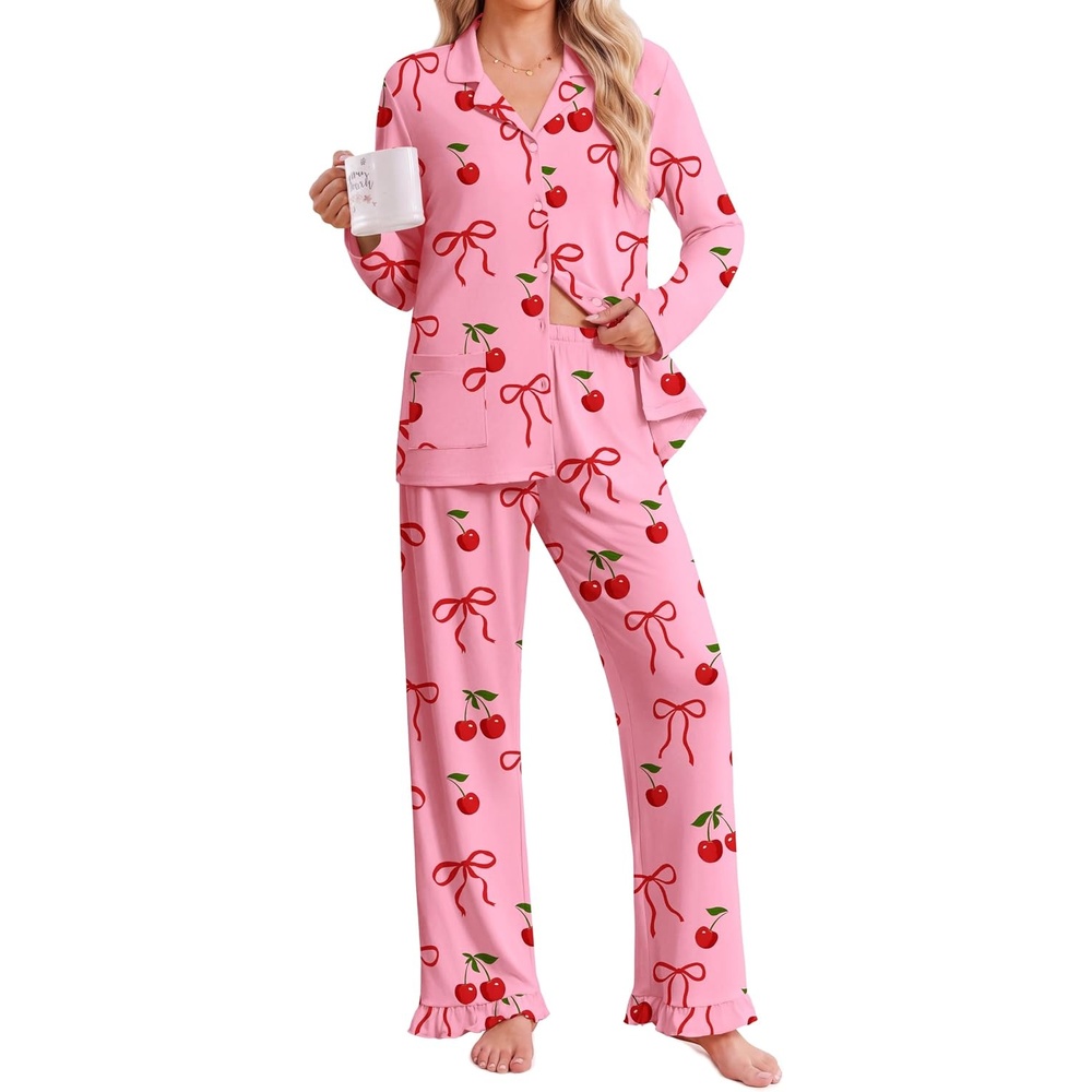 image:imageEkouaer Pajamas for Women Set Button Up Pj Soft Long Sleeve Lounge SetsCherry Bow Pink