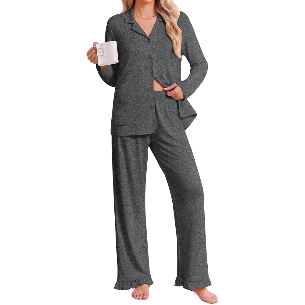 image:imageEkouaer Pajamas for Women Set Button Up Pj Soft Long Sleeve Lounge SetsDark Gray