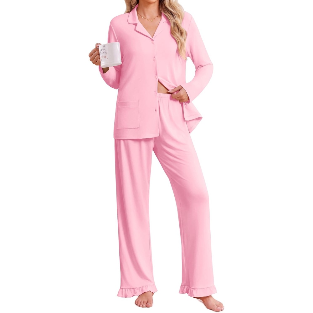 image:imageEkouaer Pajamas for Women Set Button Up Pj Soft Long Sleeve Lounge SetsPink