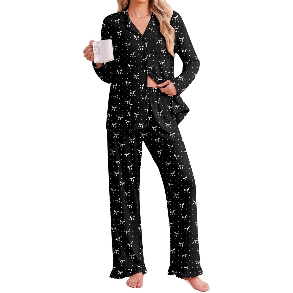image:imageEkouaer Pajamas for Women Set Button Up Pj Soft Long Sleeve Lounge SetsPink Bow Black