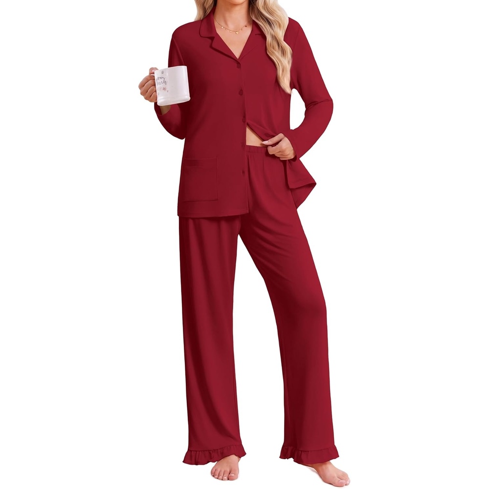 image:imageEkouaer Pajamas for Women Set Button Up Pj Soft Long Sleeve Lounge SetsRed