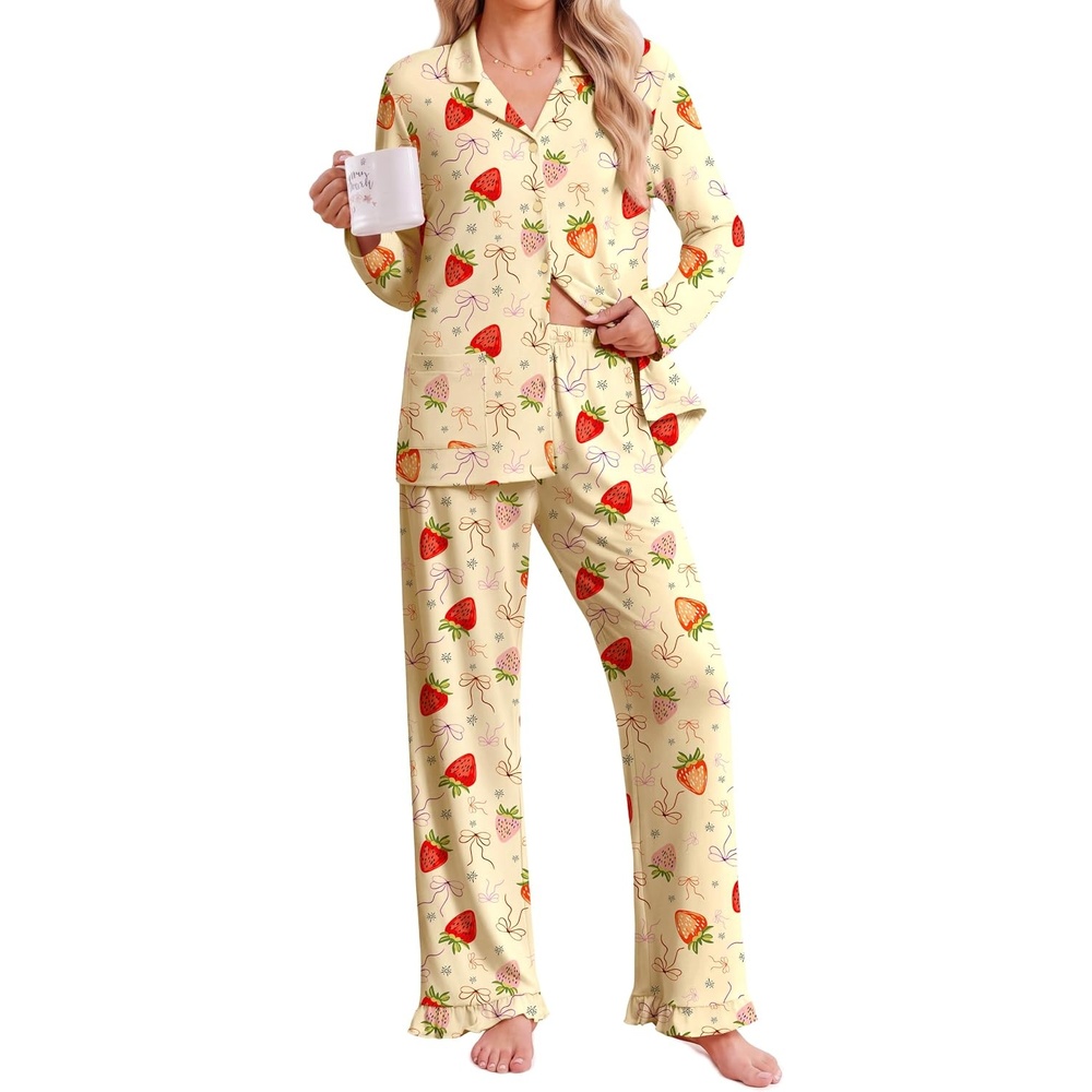 image:imageEkouaer Pajamas for Women Set Button Up Pj Soft Long Sleeve Lounge SetsStrawberry Light Orange