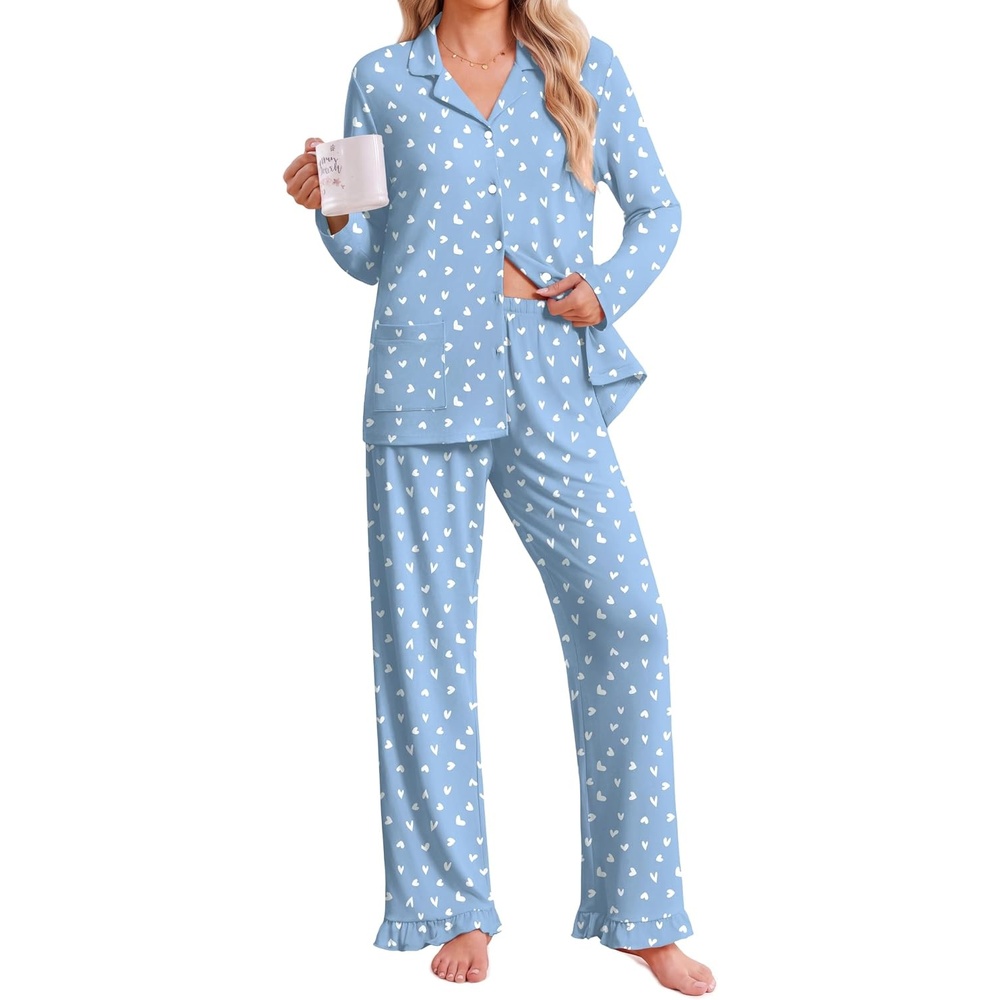 image:imageEkouaer Pajamas for Women Set Button Up Pj Soft Long Sleeve Lounge SetsWhite Heart Blue