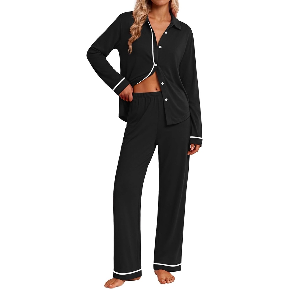 image:imageEkouaer Pajamas for Women Set Cotton Long Sleeve Pjs Button Up Lounge SetsBlack