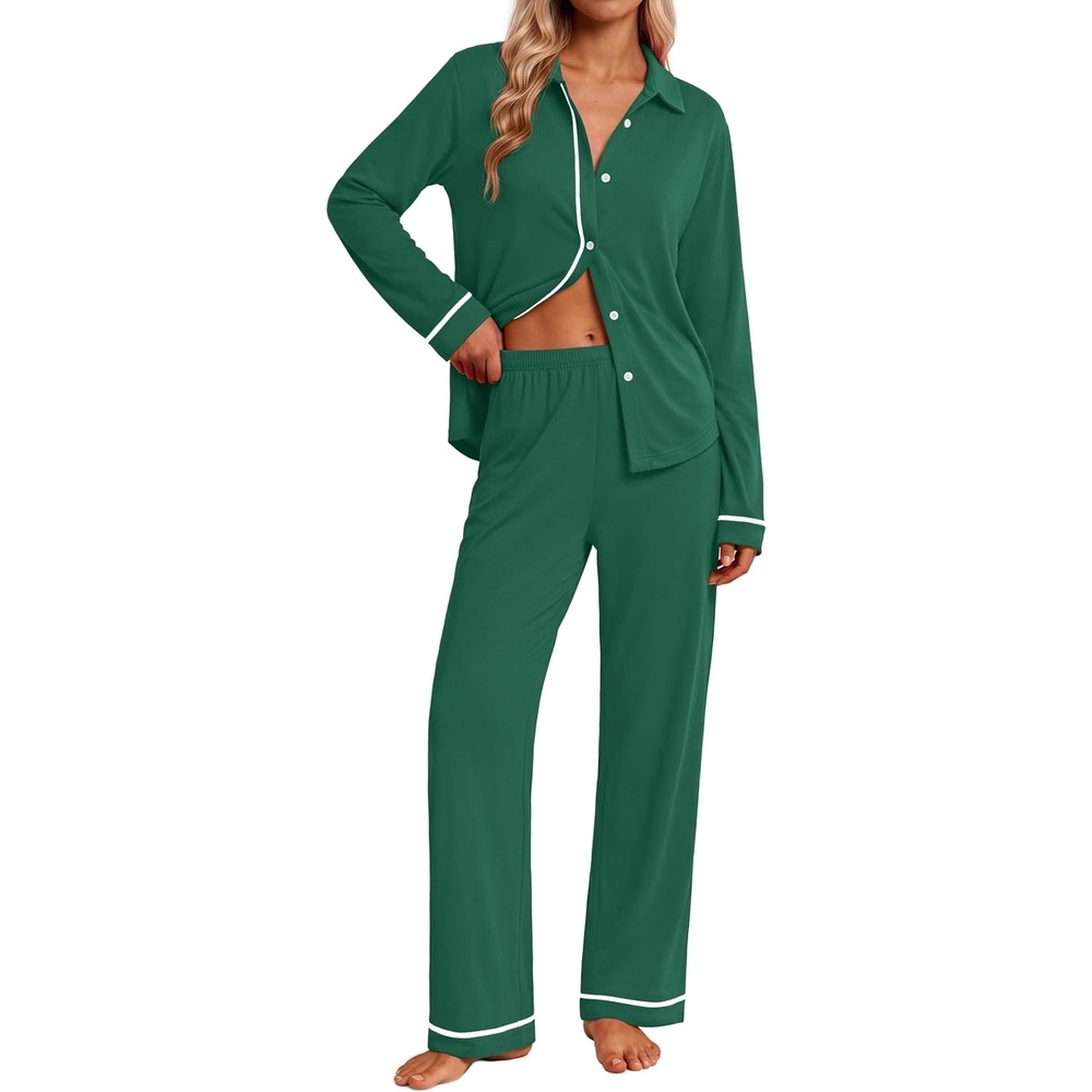image:imageEkouaer Pajamas for Women Set Cotton Long Sleeve Pjs Button Up Lounge SetsGreen