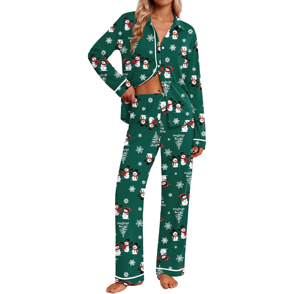 image:imageEkouaer Pajamas for Women Set Cotton Long Sleeve Pjs Button Up Lounge SetsGreen Christmas Snowman