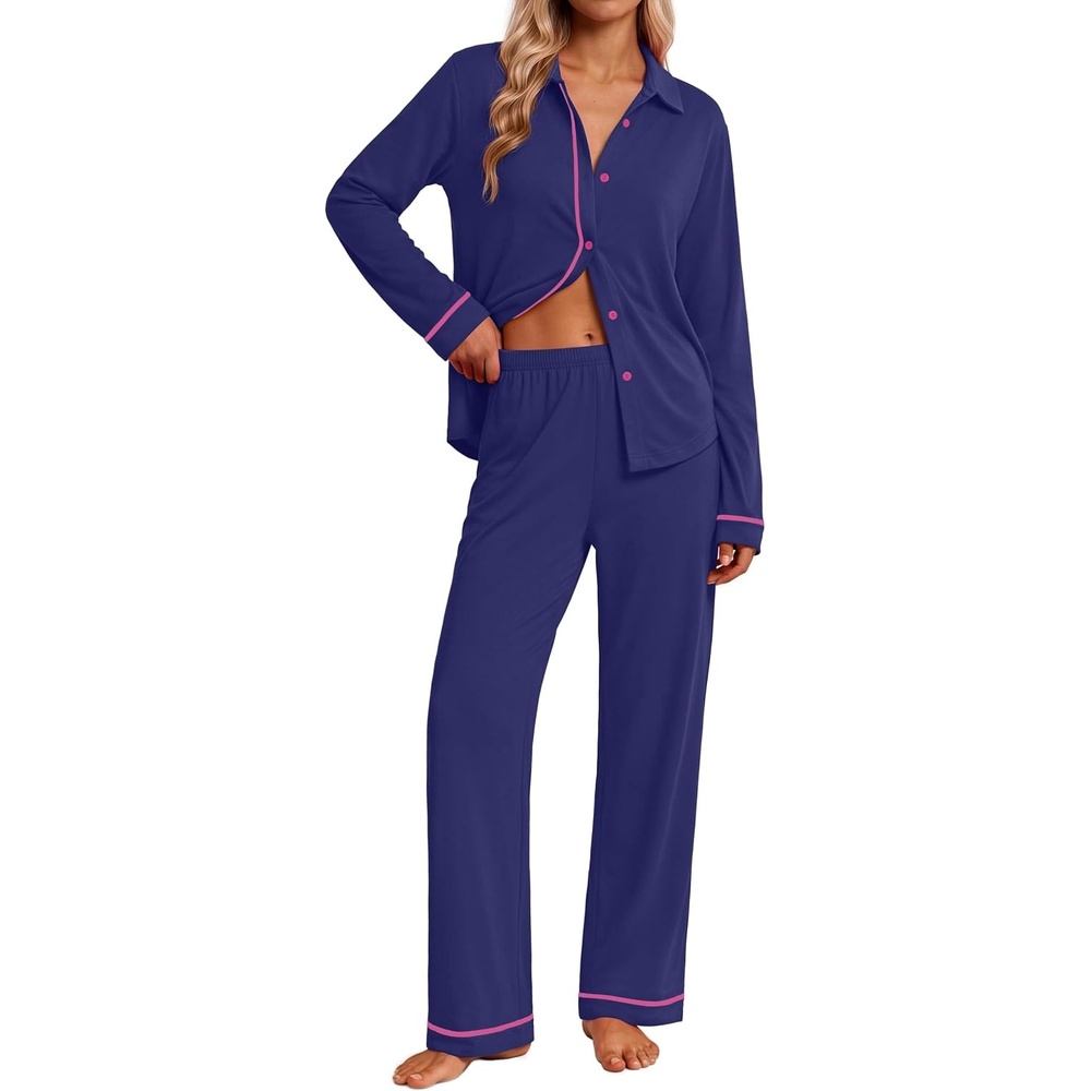 image:imageEkouaer Pajamas for Women Set Cotton Long Sleeve Pjs Button Up Lounge SetsNavy Blue