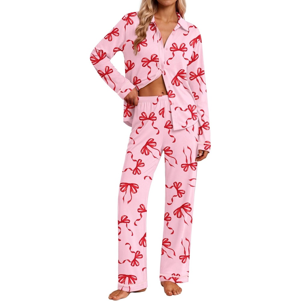 image:imageEkouaer Pajamas for Women Set Cotton Long Sleeve Pjs Button Up Lounge SetsPink Bow