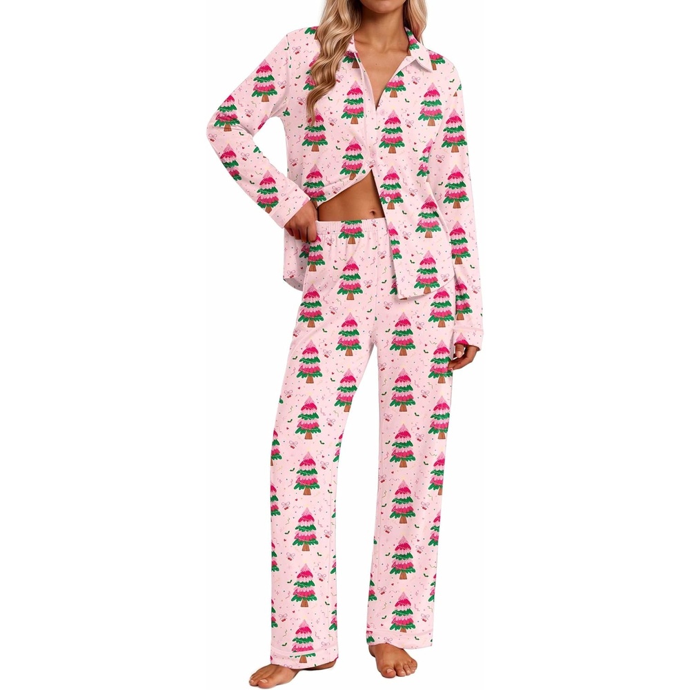 image:imageEkouaer Pajamas for Women Set Cotton Long Sleeve Pjs Button Up Lounge SetsPink Christmas Tree