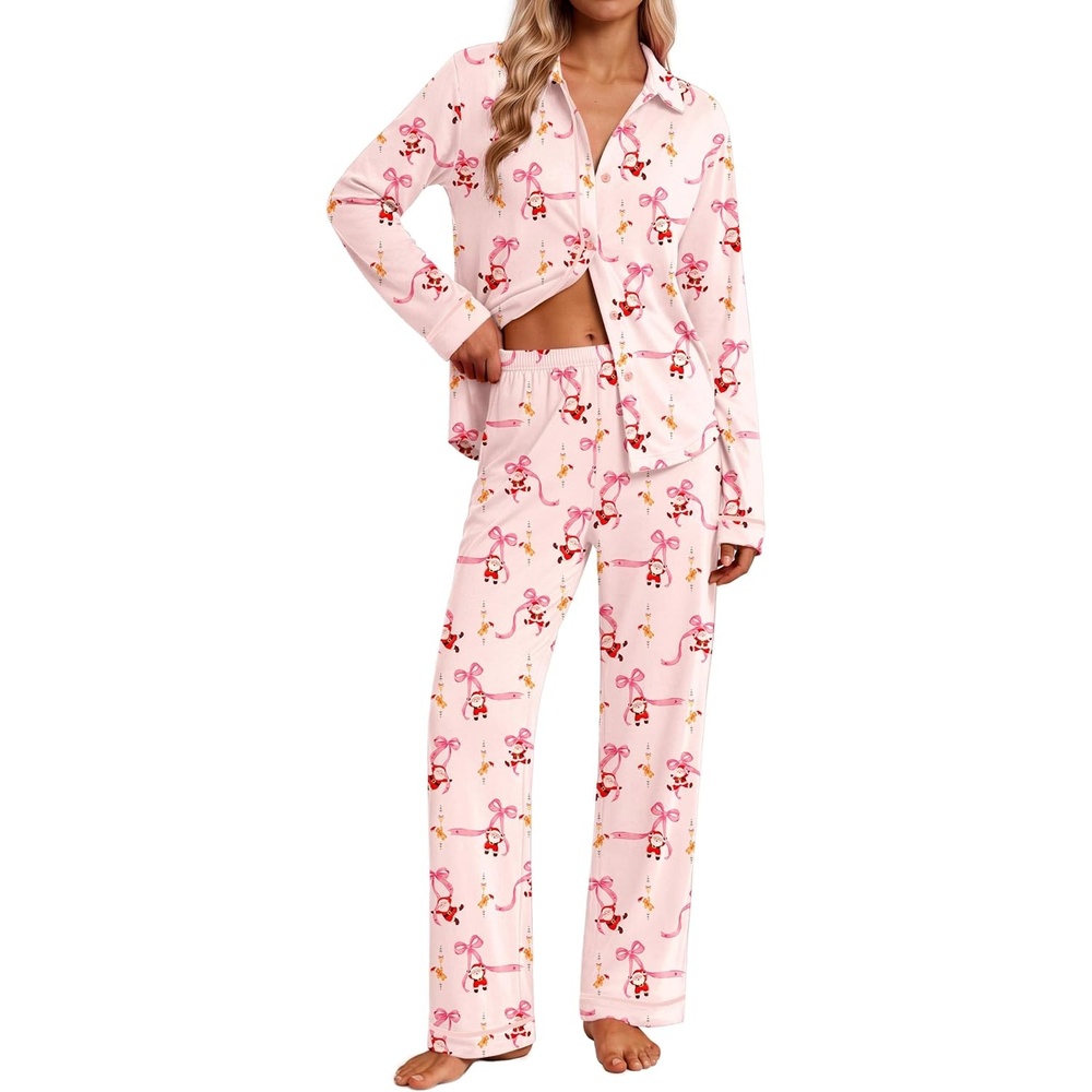 image:imageEkouaer Pajamas for Women Set Cotton Long Sleeve Pjs Button Up Lounge SetsPink Santa Bow