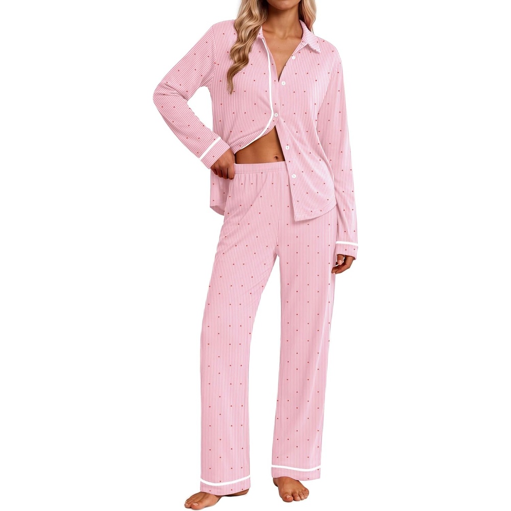 image:imageEkouaer Pajamas for Women Set Cotton Long Sleeve Pjs Button Up Lounge SetsPink Stripes