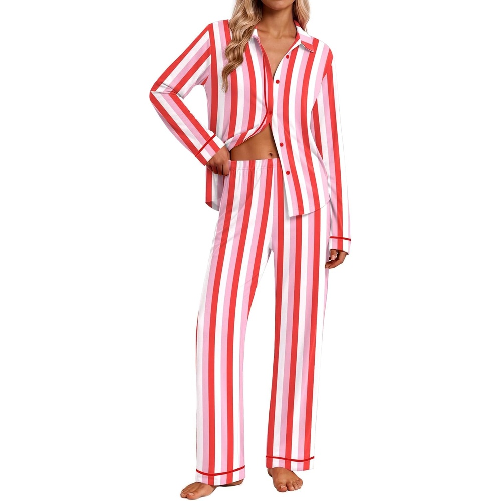 image:imageEkouaer Pajamas for Women Set Cotton Long Sleeve Pjs Button Up Lounge SetsRed Pink White Stripe