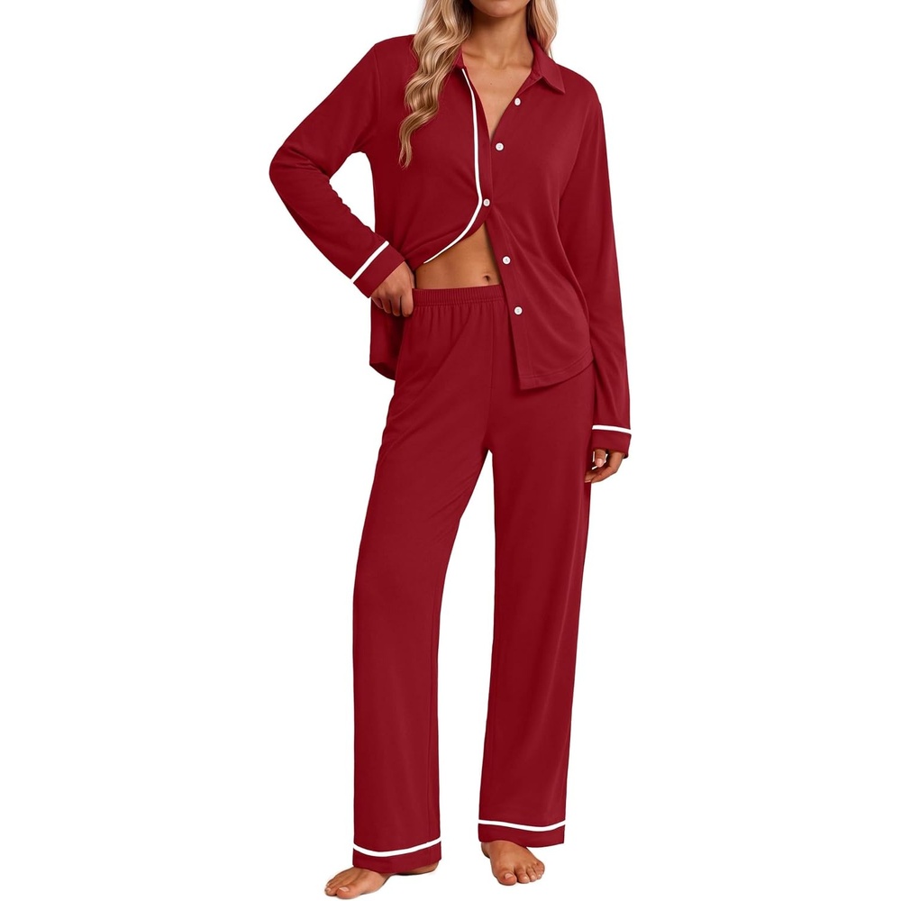 image:imageEkouaer Pajamas for Women Set Cotton Long Sleeve Pjs Button Up Lounge SetsWine Red