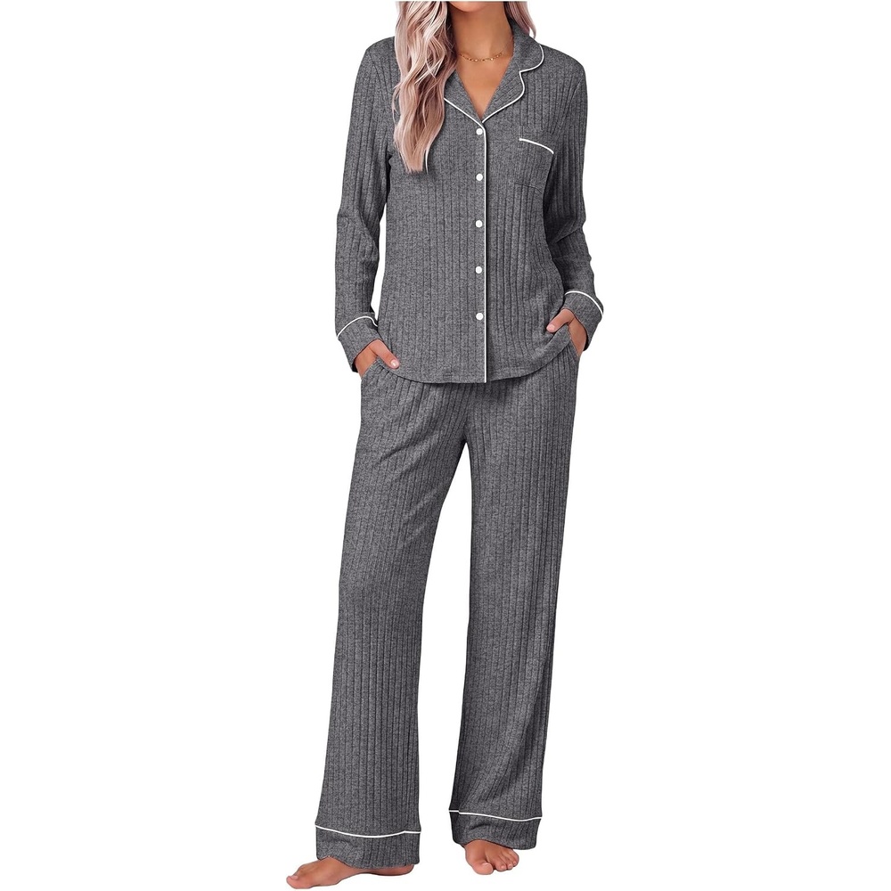 image:imageEkouaer Pajamas for Women Set Soft Button Up Pjs Long Sleeve Lounge SetsBlack