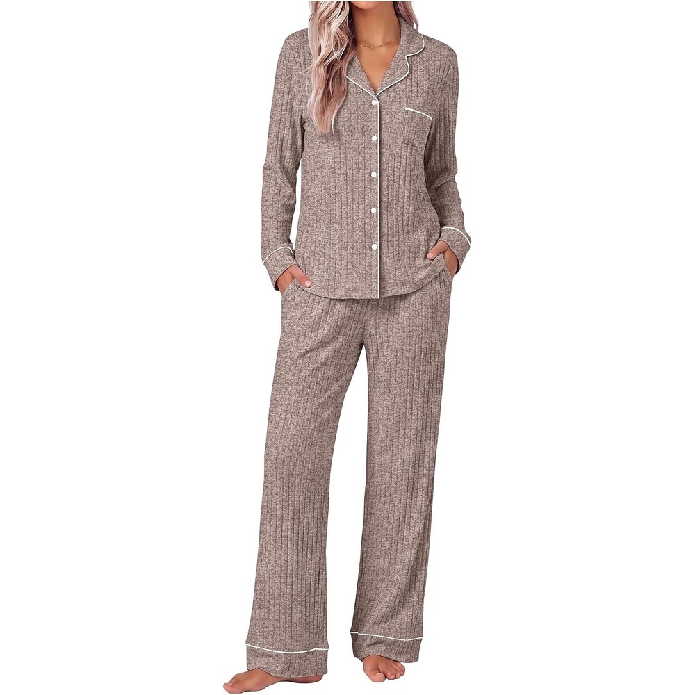 image:imageEkouaer Pajamas for Women Set Soft Button Up Pjs Long Sleeve Lounge SetsBrown