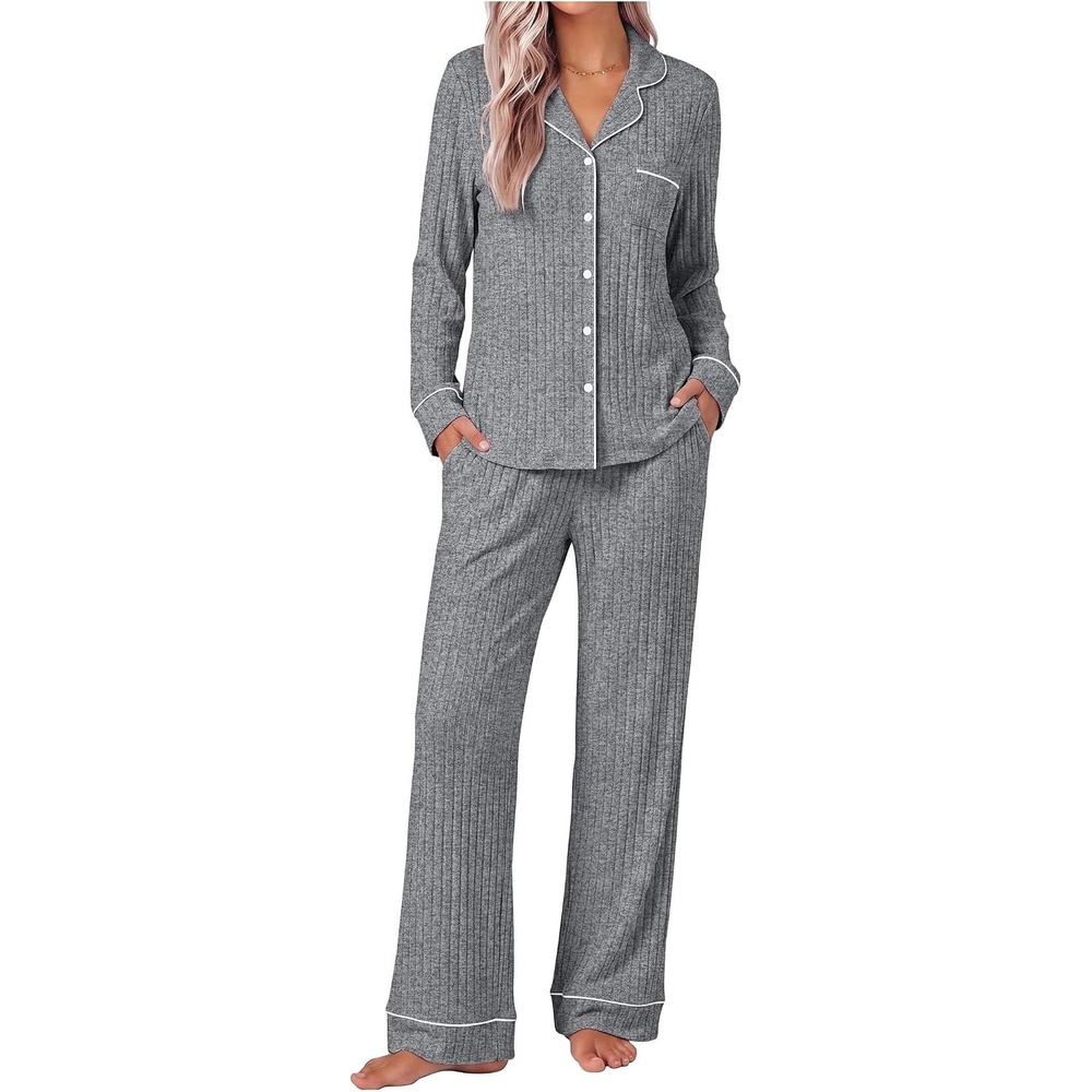 image:imageEkouaer Pajamas for Women Set Soft Button Up Pjs Long Sleeve Lounge SetsDark Gray