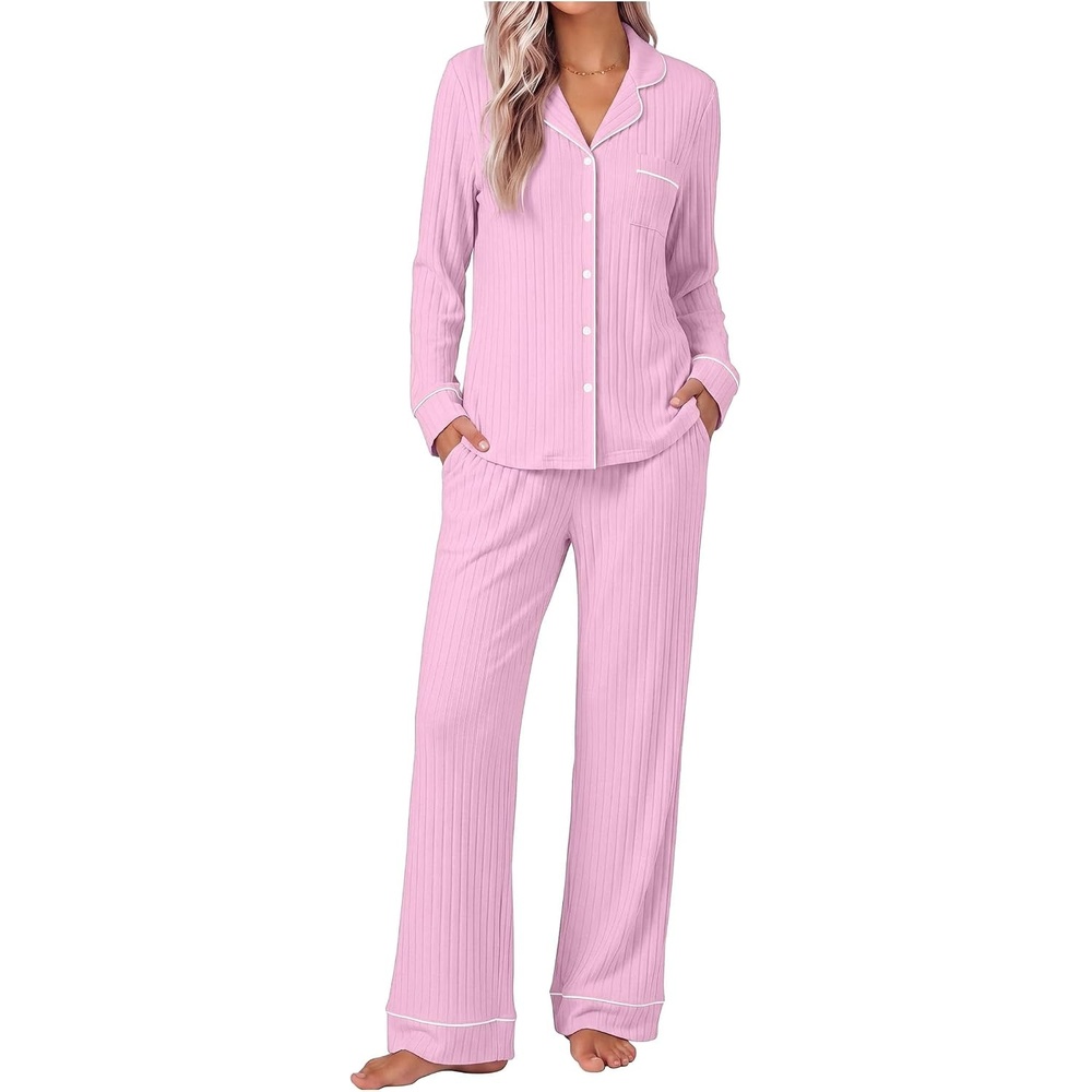 image:imageEkouaer Pajamas for Women Set Soft Button Up Pjs Long Sleeve Lounge SetsPink