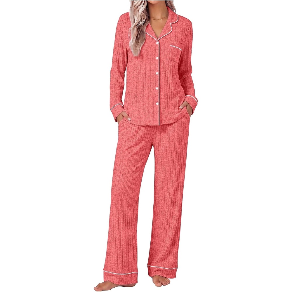 image:imageEkouaer Pajamas for Women Set Soft Button Up Pjs Long Sleeve Lounge SetsRed