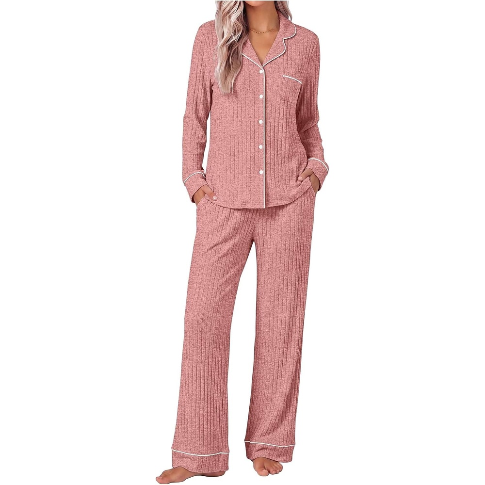 image:imageEkouaer Pajamas for Women Set Soft Button Up Pjs Long Sleeve Lounge SetsWine