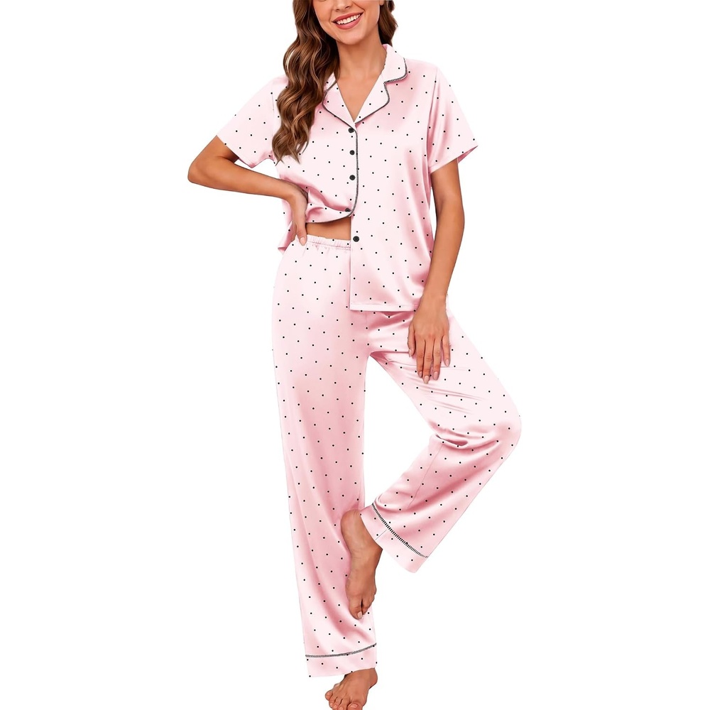 image:imageEkouaer Silk Pajamas for Women Short Sleeve Sleepwear Button Down Pj SetsBlack Spot Lightpink