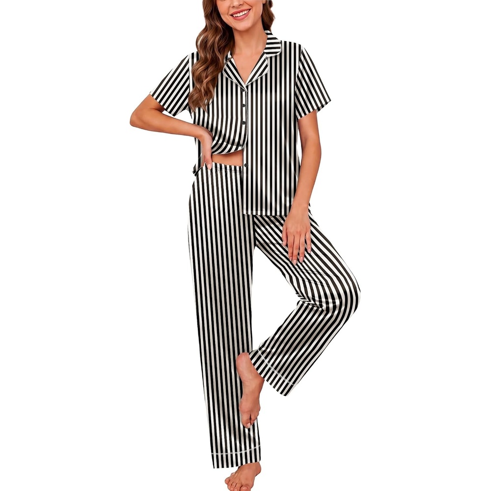 image:imageEkouaer Silk Pajamas for Women Short Sleeve Sleepwear Button Down Pj SetsBlack Stripes