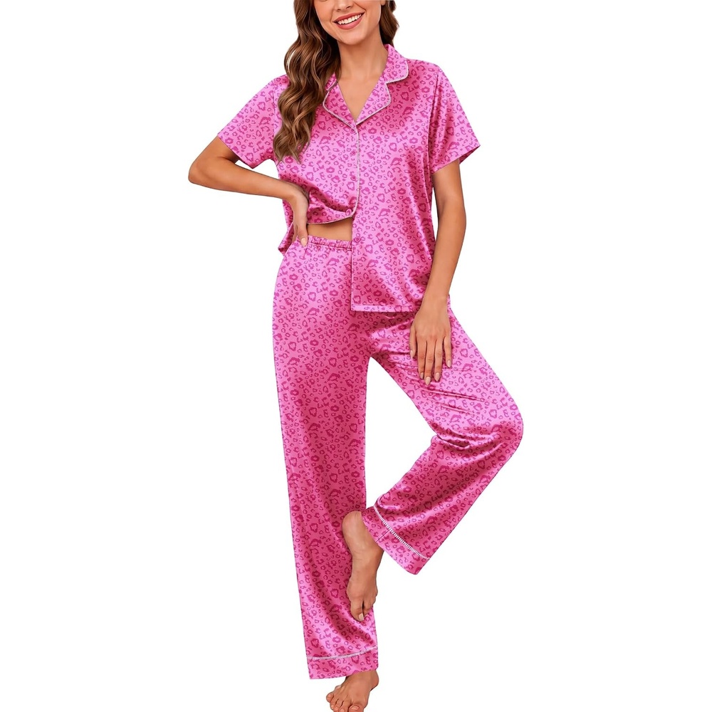 image:imageEkouaer Silk Pajamas for Women Short Sleeve Sleepwear Button Down Pj SetsPink Leopard Print