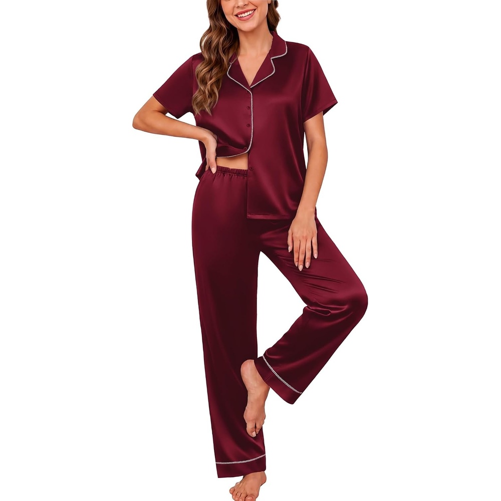 image:imageEkouaer Silk Pajamas for Women Short Sleeve Sleepwear Button Down Pj SetsWine Red