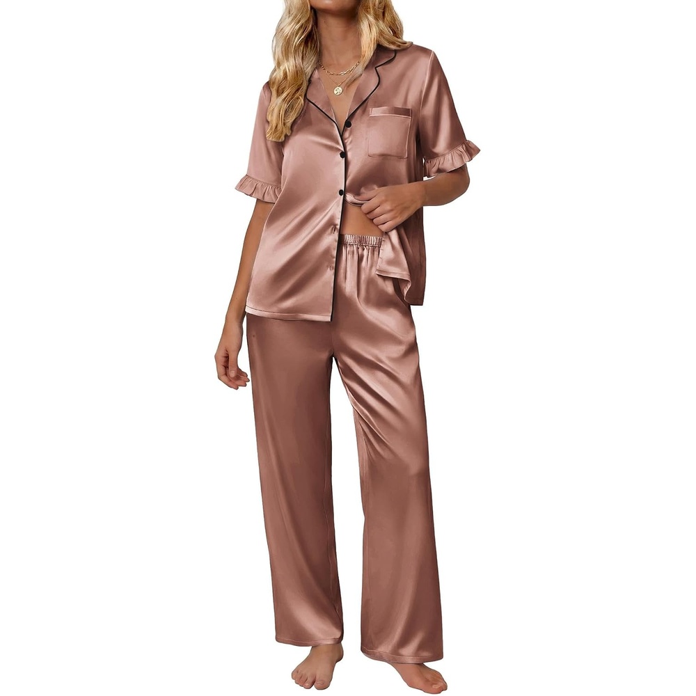 image:imageEkouaer Silk Satin Pajamas for Women Set 2 Piece Short Sleeve Button Up PjsBrown