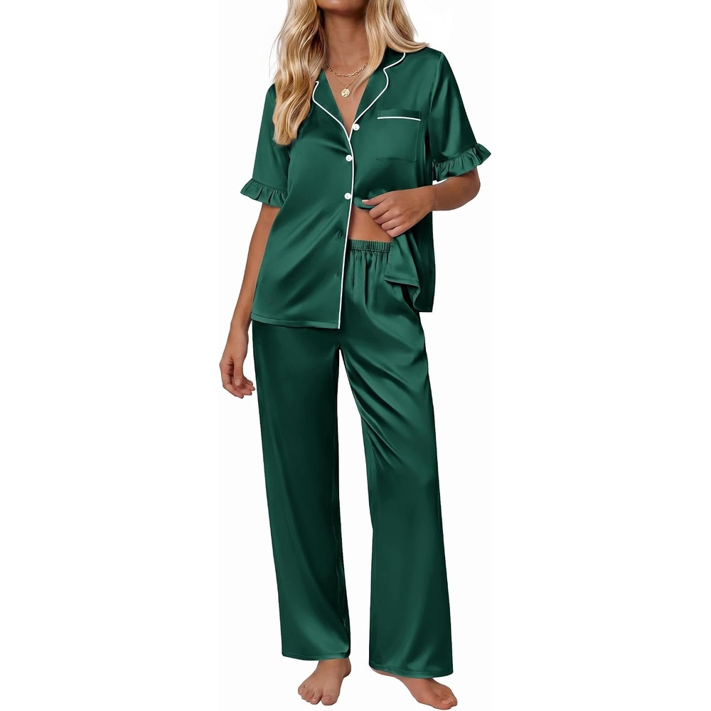 image:imageEkouaer Silk Satin Pajamas for Women Set 2 Piece Short Sleeve Button Up PjsDark Green