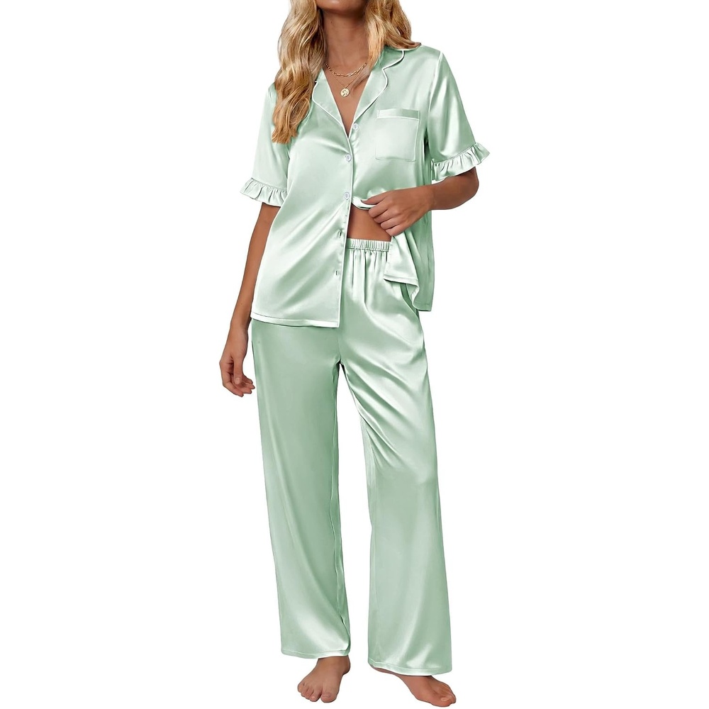 image:imageEkouaer Silk Satin Pajamas for Women Set 2 Piece Short Sleeve Button Up PjsLight Green
