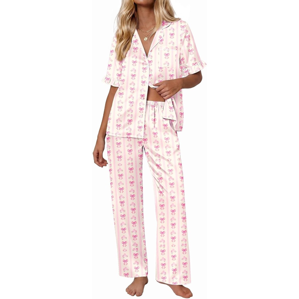 image:imageEkouaer Silk Satin Pajamas for Women Set 2 Piece Short Sleeve Button Up PjsPink Bloom