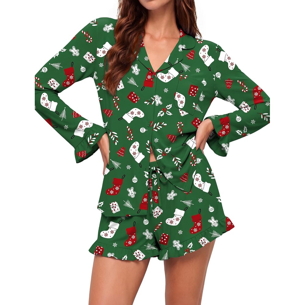 image:imageEkouaer Womens Bamboo Viscose Pajama Sets Long Sleeve and Shorts Lounge SetGreen Christmas Stocking