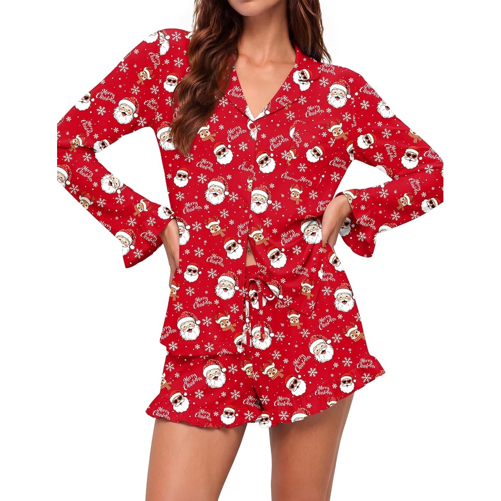 image:imageEkouaer Womens Bamboo Viscose Pajama Sets Long Sleeve and Shorts Lounge SetRed Santa