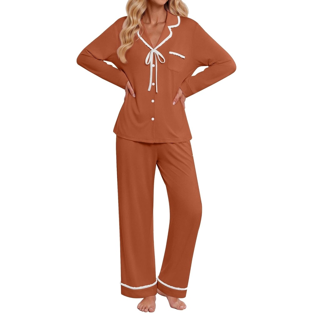 image:imageEkouaer Womens Pajama Sets 2 Piece Button down Pjs Long Sleeve Lounge SetsBrown