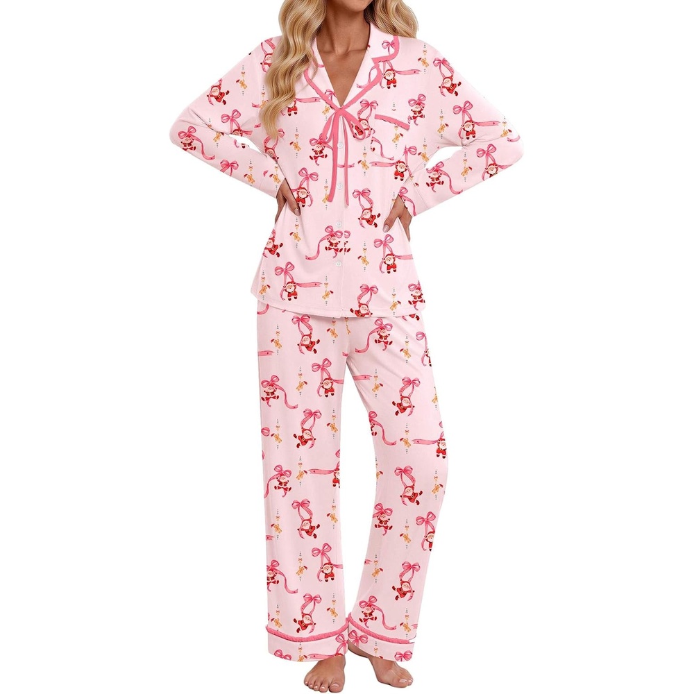 image:imageEkouaer Womens Pajama Sets 2 Piece Button down Pjs Long Sleeve Lounge SetsChristmas Bow