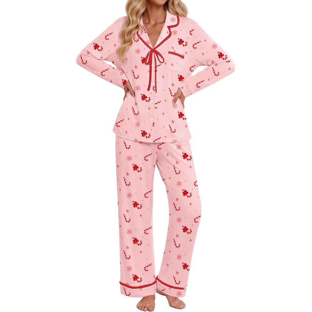 image:imageEkouaer Womens Pajama Sets 2 Piece Button down Pjs Long Sleeve Lounge SetsChristmas Pink