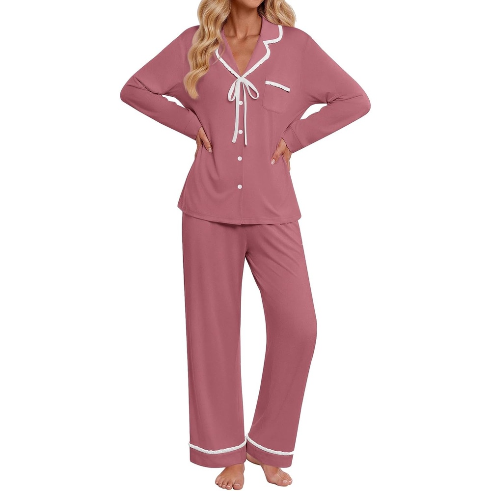 image:imageEkouaer Womens Pajama Sets 2 Piece Button down Pjs Long Sleeve Lounge SetsClay Red