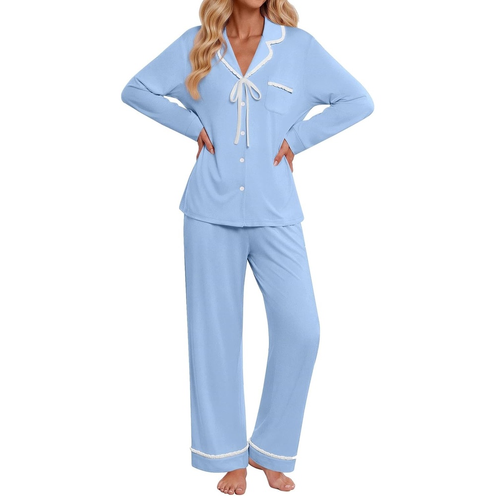 image:imageEkouaer Womens Pajama Sets 2 Piece Button down Pjs Long Sleeve Lounge SetsLight Blue