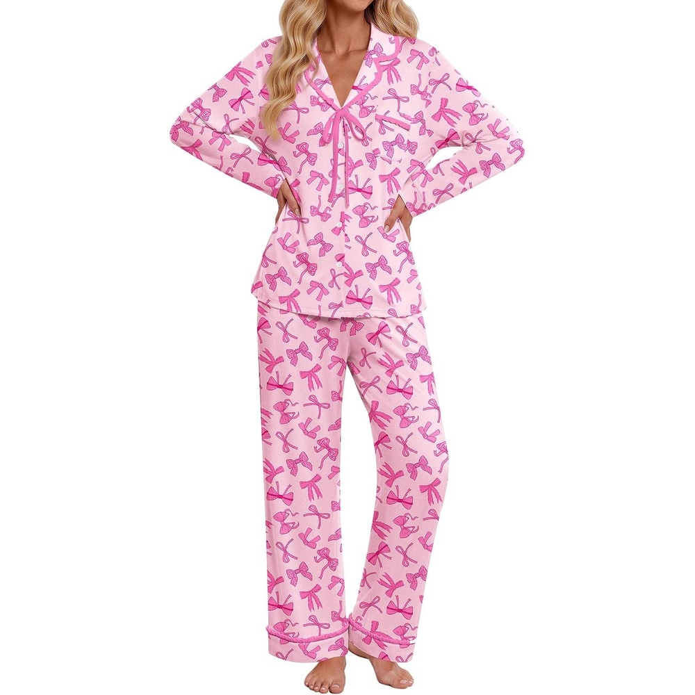image:imageEkouaer Womens Pajama Sets 2 Piece Button down Pjs Long Sleeve Lounge SetsPink Bow